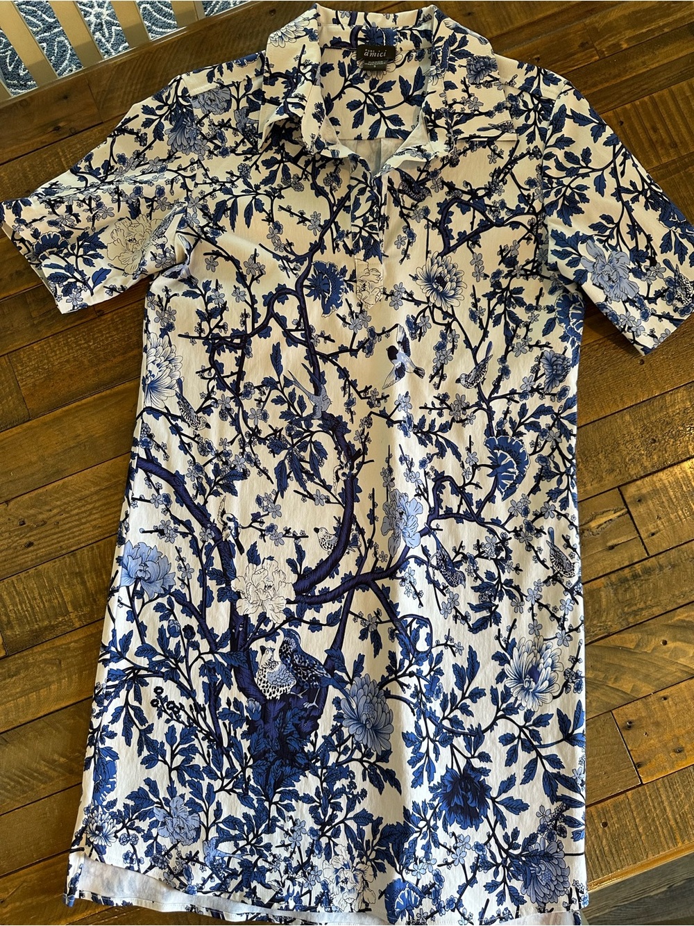 Pure Amici Blue & White Floral Bird Print Shirt Dress Size Small Like New